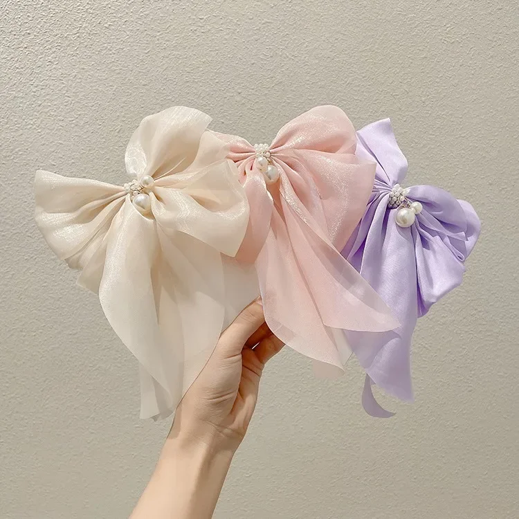 New Women\'s Long Ribbon Bow Spring Clip Solid Color High Grade Pearl Sweet and Cute Duckbill Clip Spring/Summer Fashion Headwear