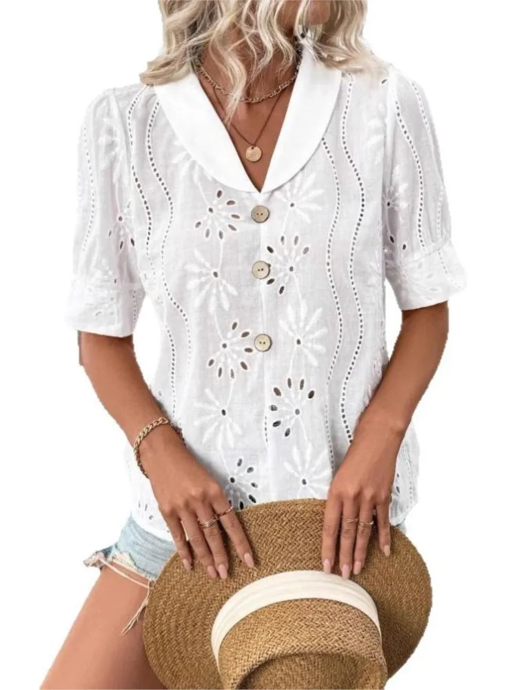 Camiseta blanca de verano para mujer, nueva moda, cuello en V, manga corta, botón, camisa informal elegante, Tops y blusas para mujer, ropa para mujer