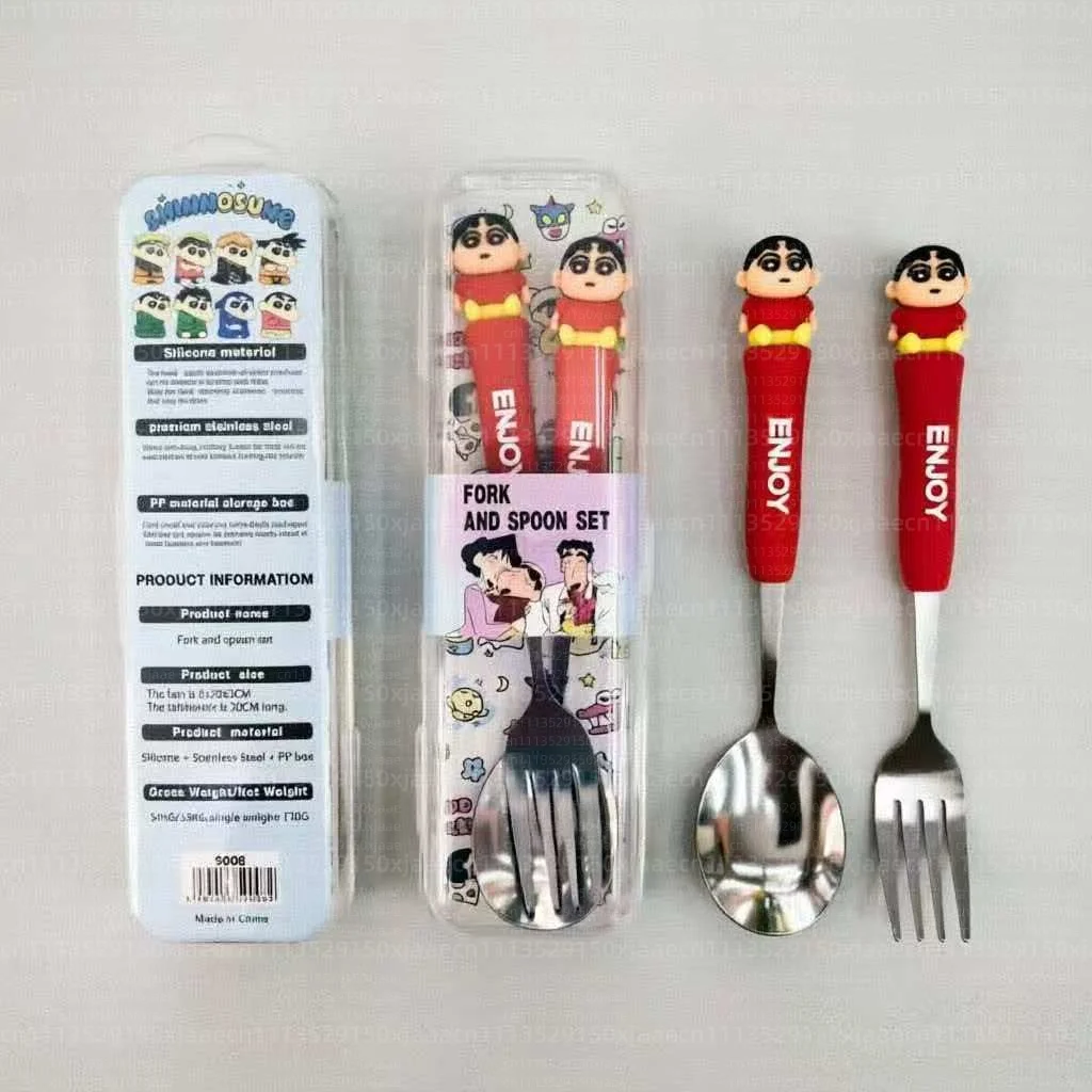 Anime Crayon Shin-Chan Fork And Spoon Set Cartoon Figure Durable Stainless Steel Portable Travel Cutlery Birthday Christmas Gift image 4