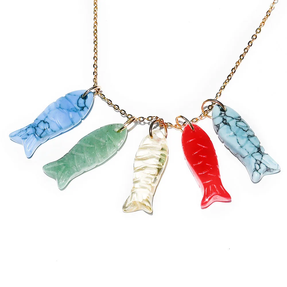 

Natural stone small fish necklace pendant, colorful double-sided engraved ocean series jewelry making