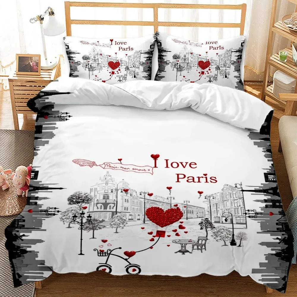 

British Style Duvet Cover Set Cartoon Small Fresh I Love Paris Bedding Set For Kid Teen Polyester Paris Street Scene Quilt Cover