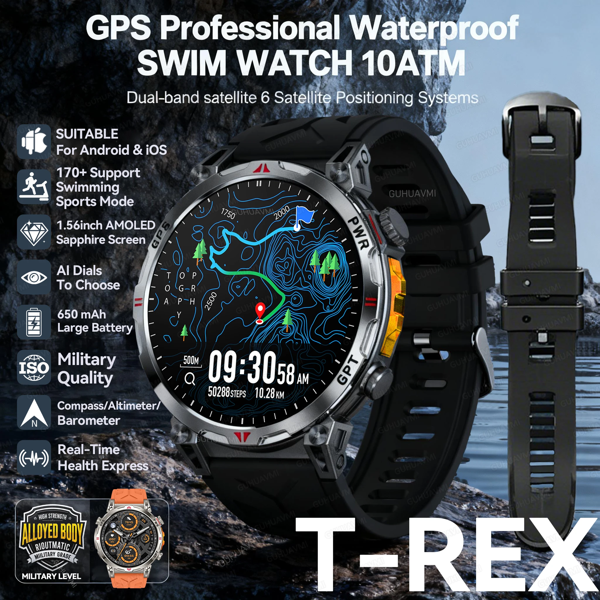 

Военные умные часы T-Rex3 с GPS на открытом воздухе, водонепроницаемые часы для плавания 10 АТМ, встроенный GPS-компас, голосовой вызов, спортивный браслет для мужчин и женщин