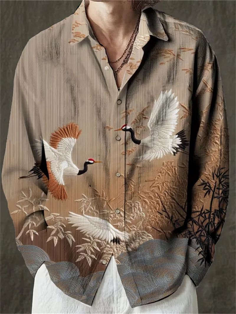 New ukiyo-e Landscape Cherry Blossom men's 3D Printed Pattern Long Sleeved Shirt Retro Casual Shirt Clothing