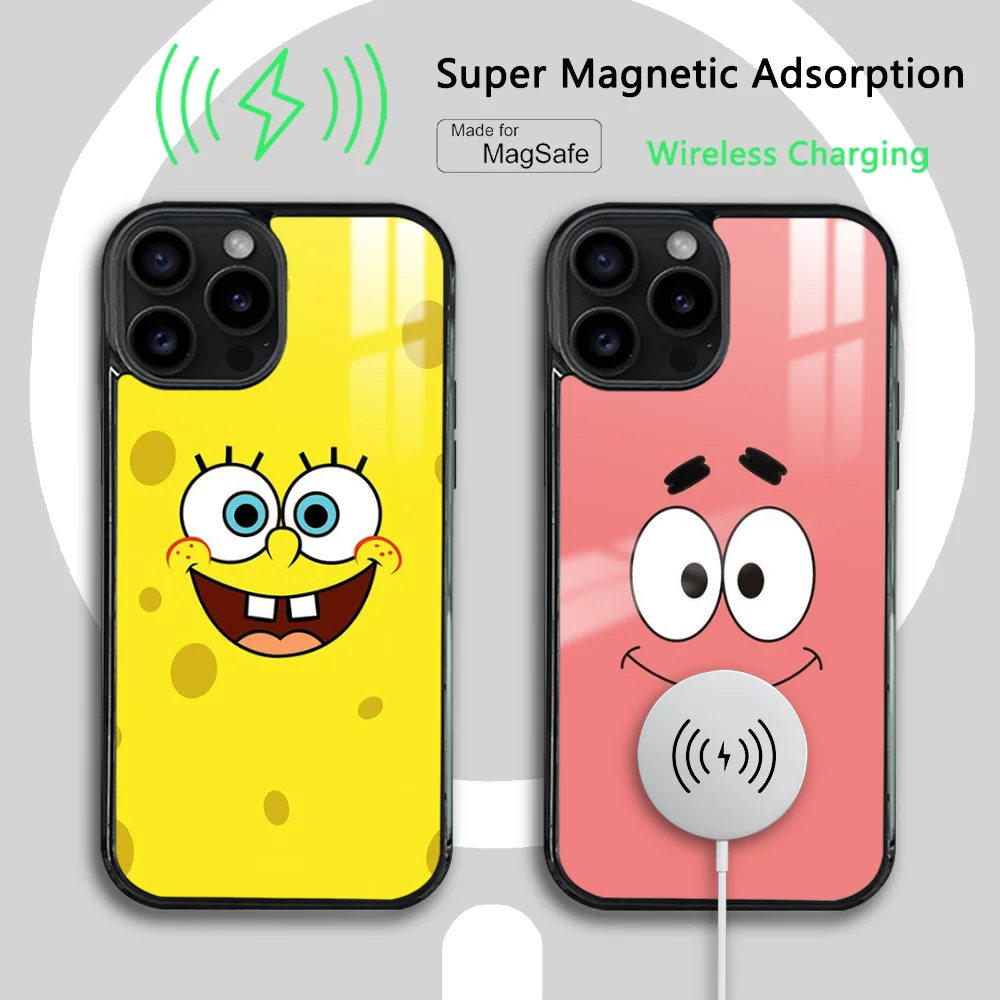 S-SpongeBob Cartoon Cute Phone Case For iPhone 15 14 13 12 11 Pro Max Plus Mini Mirror Magnetic Cover Case Wireless Charging