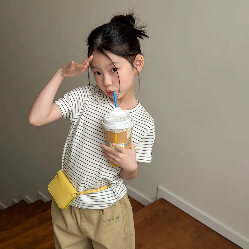 Children Versatile Basic T-shirt for Boys and Girls Korean Cuffs Personalized Details Labeled Letters Short Sleeves Top