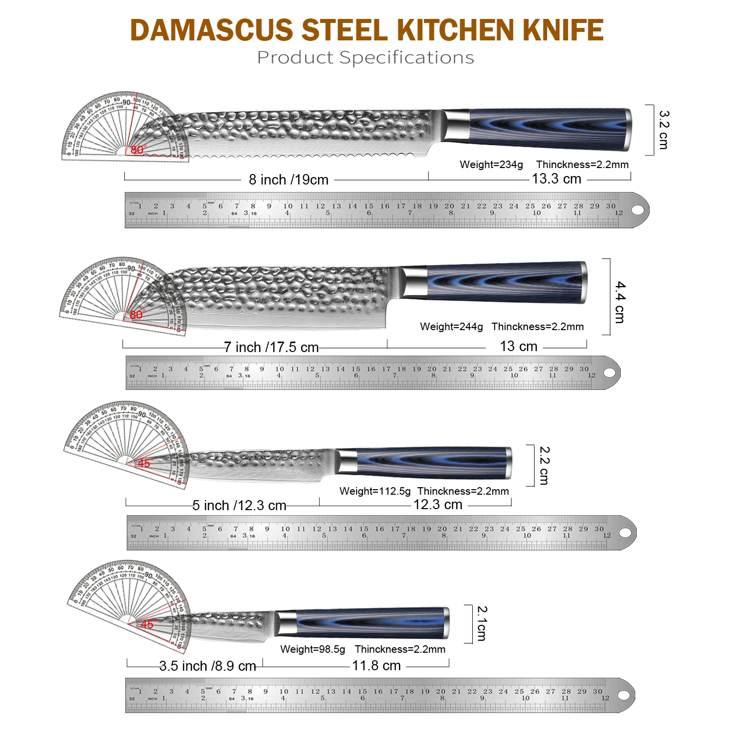 XITUO 1-4PCS Hammered Forged Kitchen Knives, Japanese Damascus Steel Cooking Knives Include: Bread,Santoku,Utility, Fruit Knife