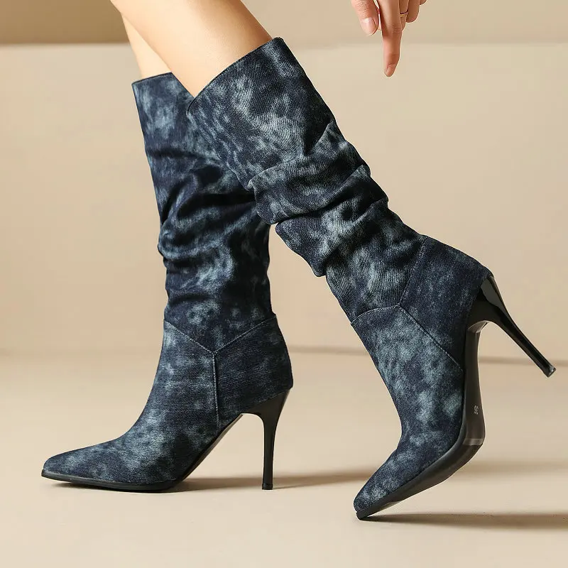 

Tie Dyed Denim Jeans Blue Color Pointed Toe Thin High Heels Women Shoes Winter Pleated Pattern Knee-high Cowboy Boots Size 46 48