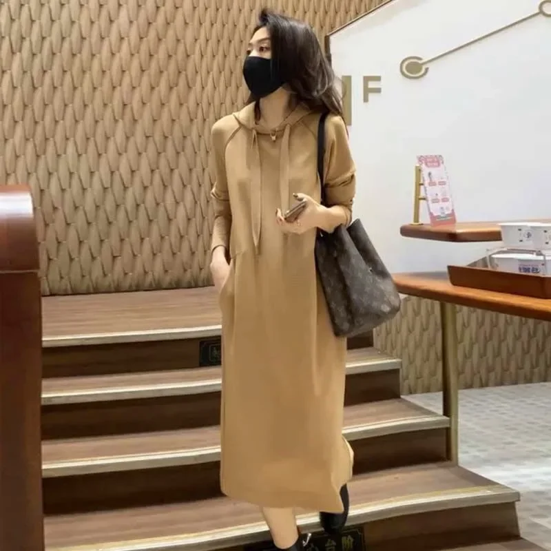 

New Women Mid-Length Hoodies Dresses Chic Solid Colors Hooded Sweatshirts Dress Autumn Winter Simple Casual Long Dress Fashion