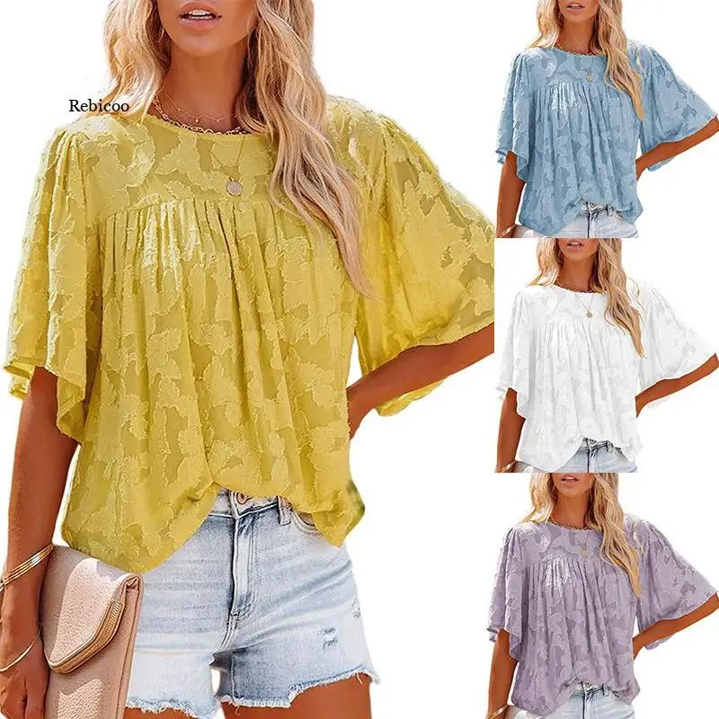 

2022 Spring Summer T-shirt Women Fresh and Sweet Hollow Out Floral Flared Sleeves Chiffon Top Loose Short Sleeve Female Clothing