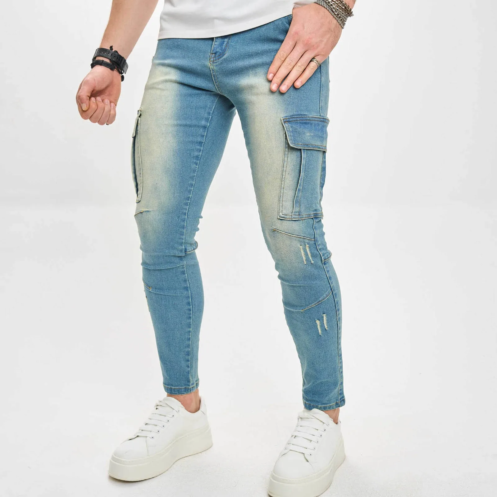 Boy Washed Worn Out Workwear Jeans For Men'S Versatile Slimming And Slim Fitting Elastic Motorcycle Leggings Streetwear 남자겨울바지