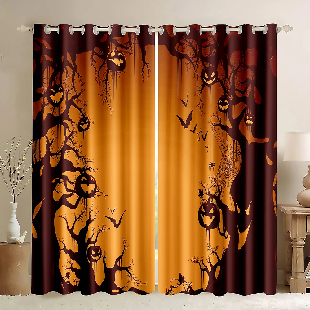 Halloween Blackout Curtains Pumpkins Bats Owls Moon All Saints Day Party Smiling Scary Pumpkins with Flying Bat Window Drapes