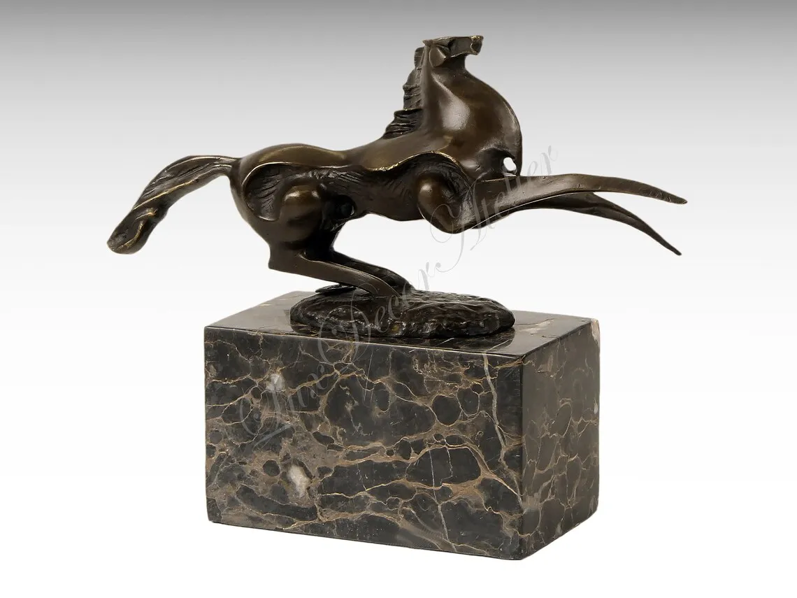 Bronze Abstract Flying Horse Statue Animal Sculpture Art Marble Base Gorgeous Birthday Gift Office Decor