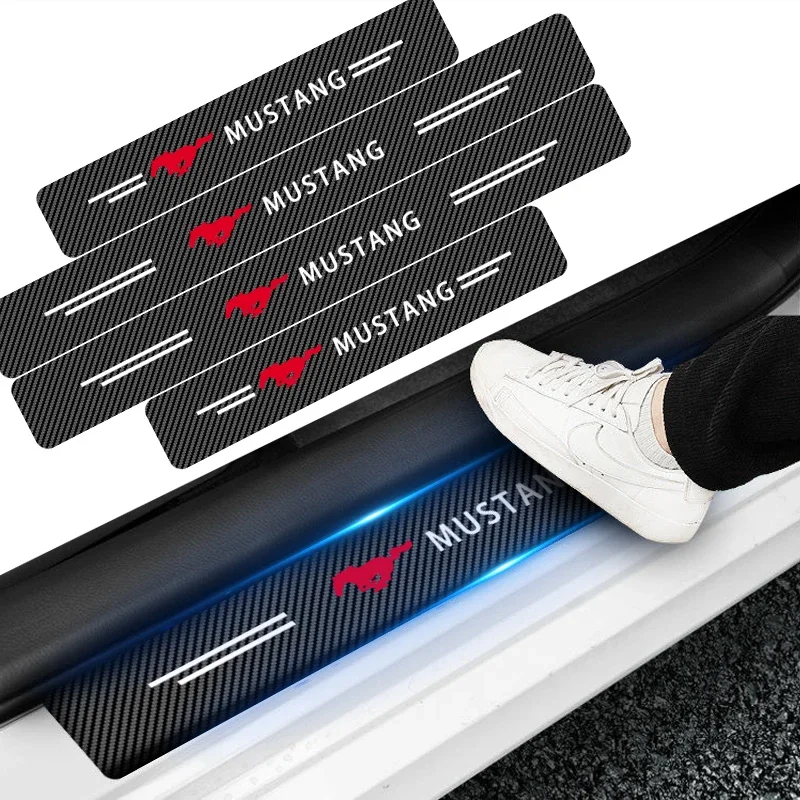 Placa de puerta de coche, pegatina protectora de umbral de fibra de carbono para Ford Mustang SHELBY GT 500 350 Convertible V Mach e a prueba de lluvia, 4 Uds.