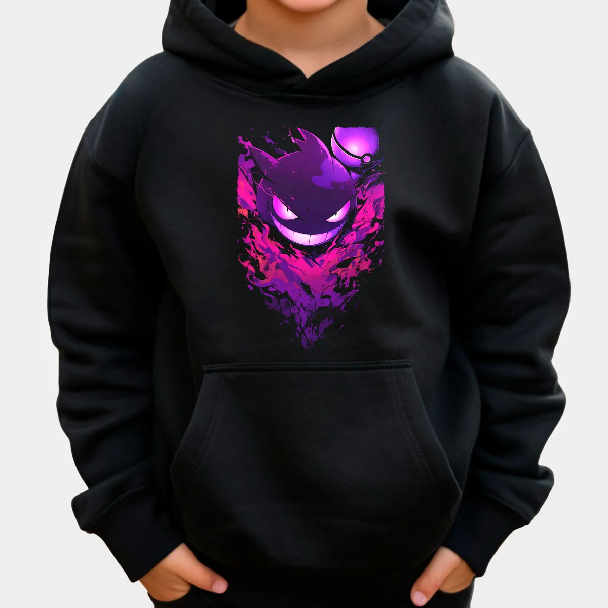 Pokemon Anime Gengar Sudadera con capucha de algodón negro púrpura criatura ojos brillantes Fiery Aura rosa efecto humo ajuste suelto estilo Casual