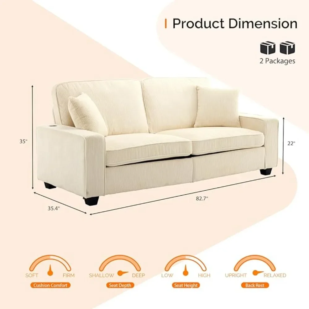 Cloud Feel Comfy Deep Seat Corduroy Couch,Wide Armrest, USB Charging Port, 2 Pillows,Beige Modern Loveseat Living Room Sofas