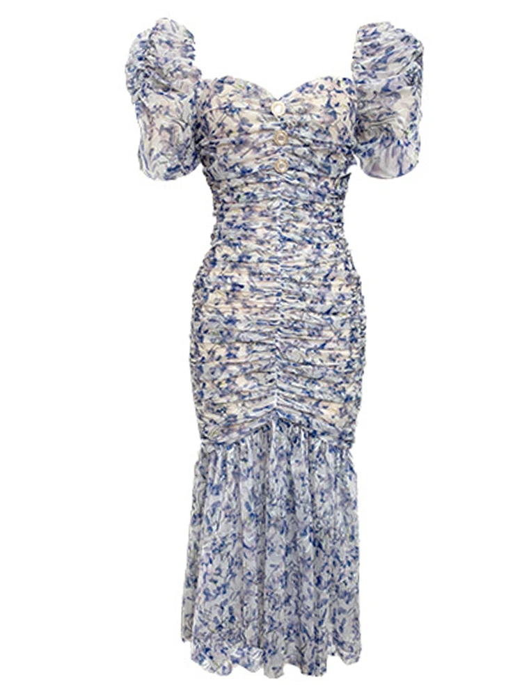 Vestido elegante de vacaciones para mujer, vestido romántico elegante con flores azules, vestido ceñido de malla con cola de pez fruncido, Vestidos de fiesta para mujer