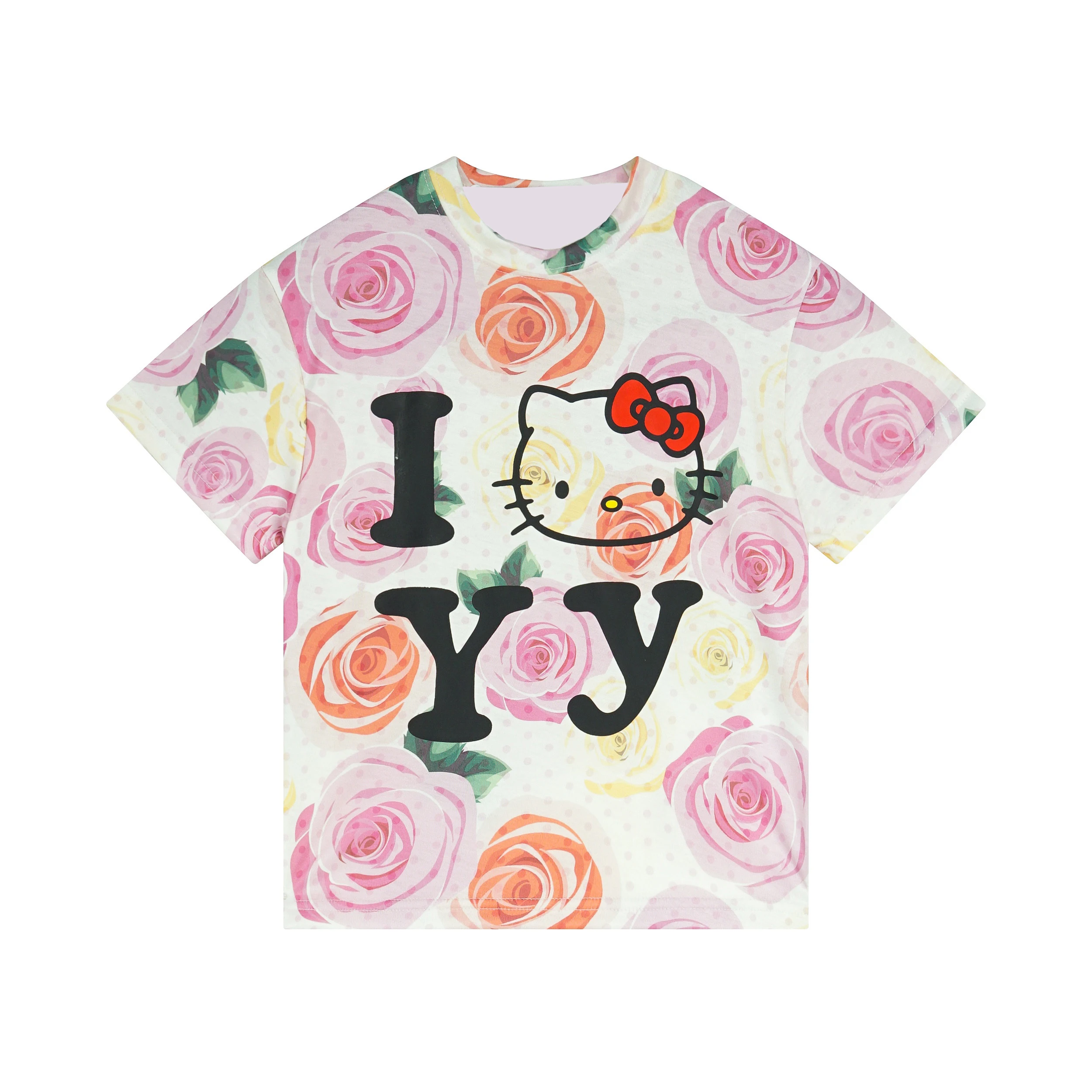 New Hello Kitty Short Sleeve Women's Rose 3D Print T-shirt Sweet Cute Clothes Loose Summer Oversized Open YY T-Shirt