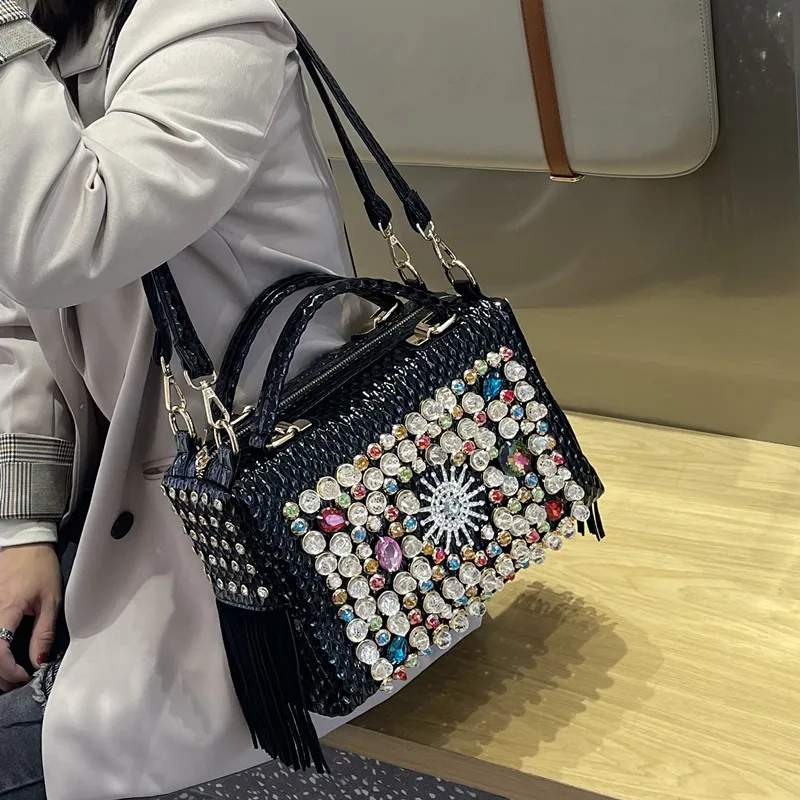 New Luxury Fashion Brand Women\'s Handbag Genuine Leather Tassel Fashion Rhinestone Large Capacity Female Shoulder Crossbody Bags