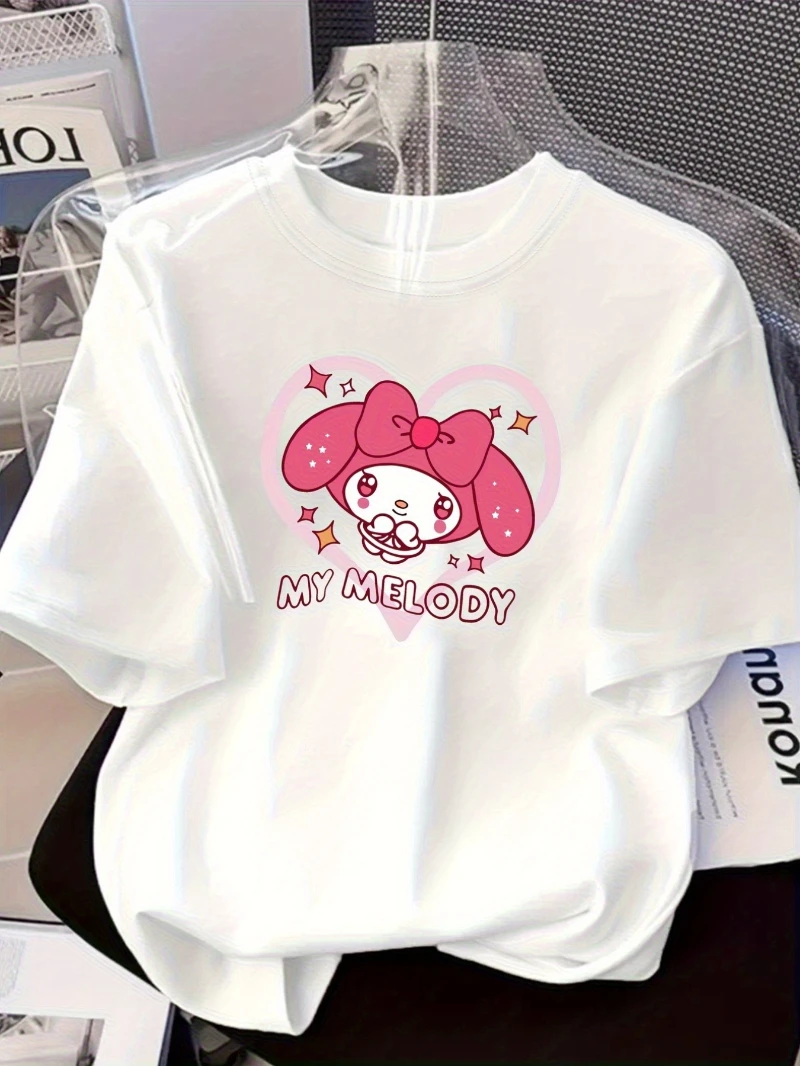تي شيرت نسائي كاجوال بأكمام قصيرة من Sanrio My Melody مطبوع فضفاض برقبة دائرية ملابس الربيع والصيف، تصميم كرتوني لطيف #1