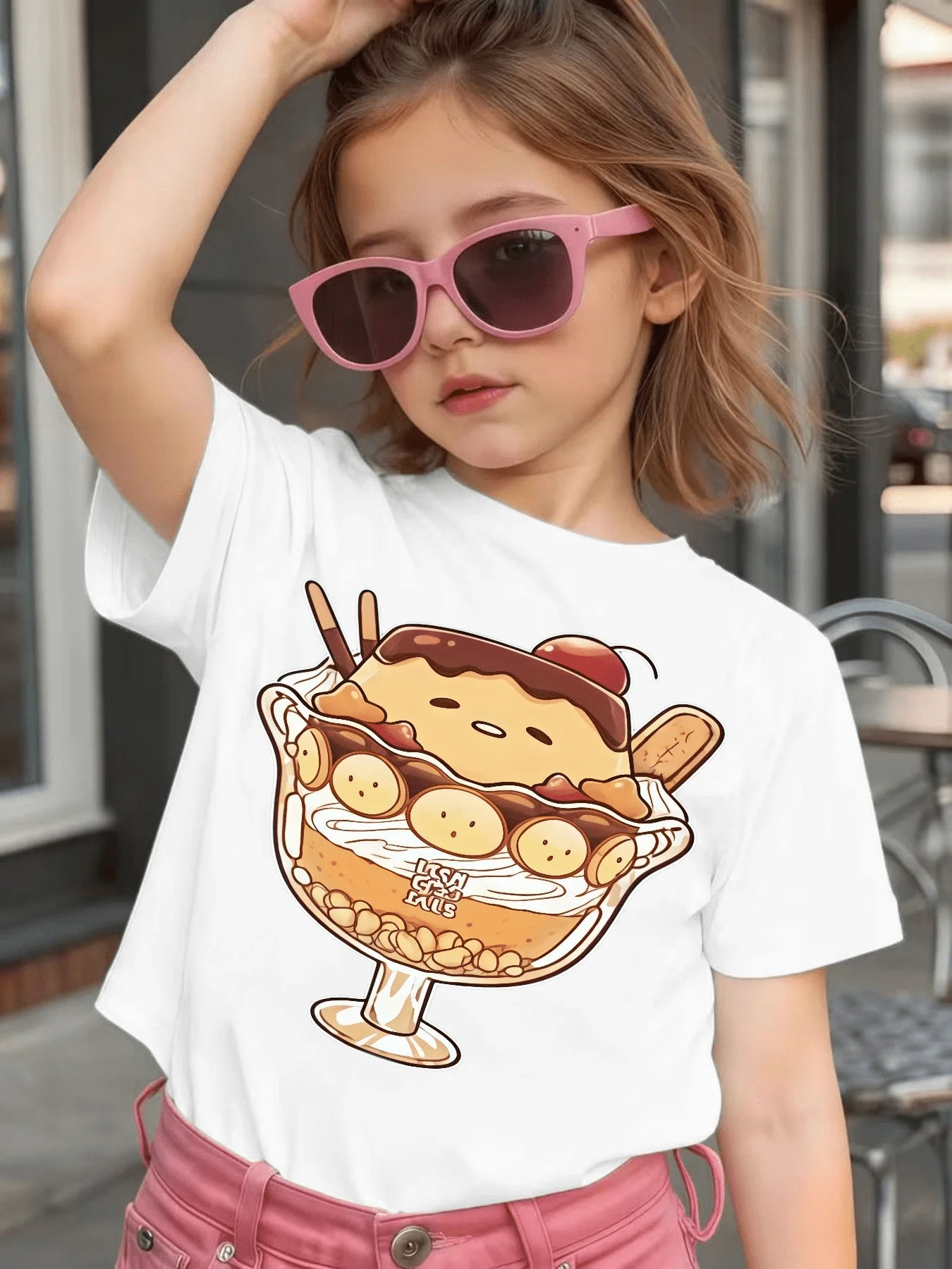Cute Cartoon Ice Cream Sundae Dessert Graphic Kids Tee Boys Girls Family Matching Cotton Crew Neck Short Sleeve Soft Summer Tee