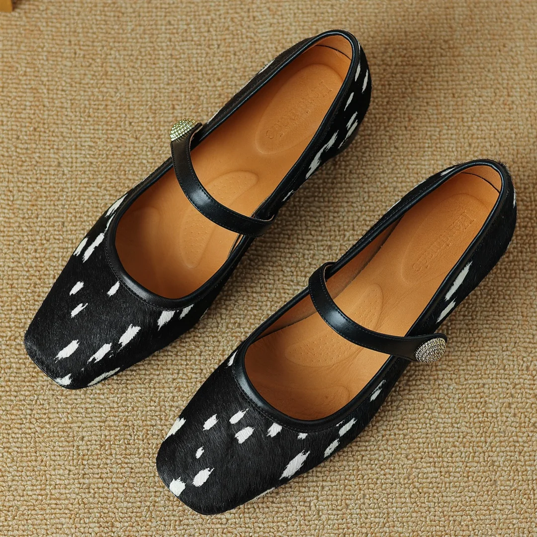 Plus size 34-42 women's leopard horsehair Mary Jane flats square toe high quality female soft comfortable slim elegant shoes hot