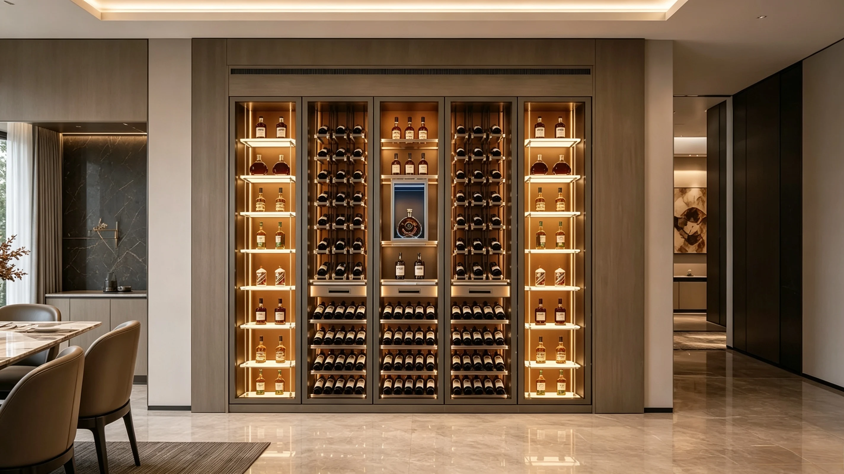 Luxury Modern Built-in Constant Temperature Solid Wood Eco-Friendly Wine Cabinet 5 Doors Large Capacity Light Custom Home