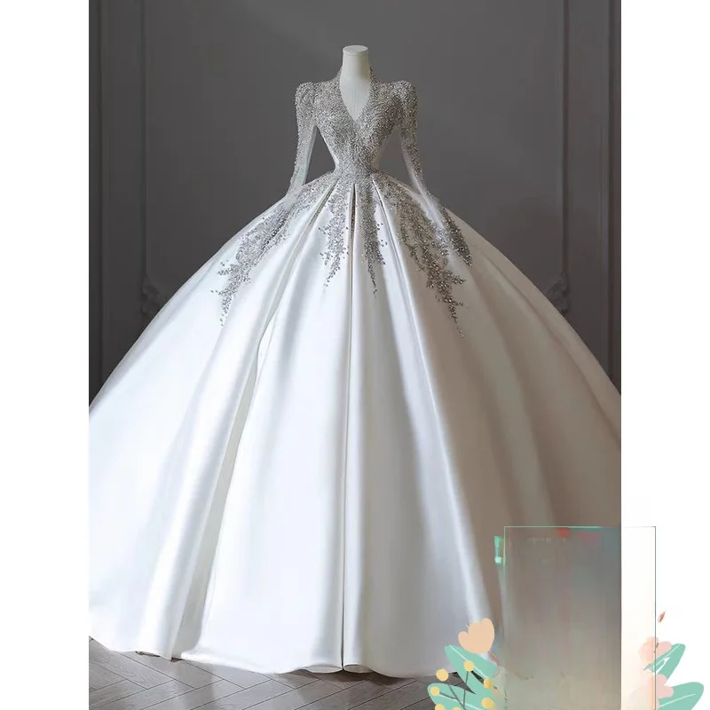 

Ele Long Sve V-Ne Wedding Dr Satin Fabric Floor-Length Tails High Quali Small Size Luxury Bridal Gown
