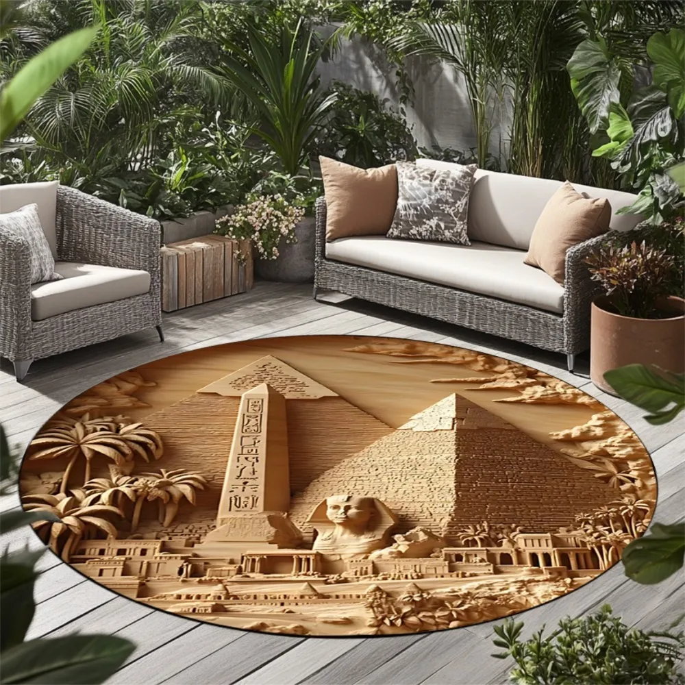 Retro Egyptian Pyramid Round Area Rug, Simple Aesthetic Non-Slip Floor Mat, Decor Carpet for Living Room Bedroom Home Office
