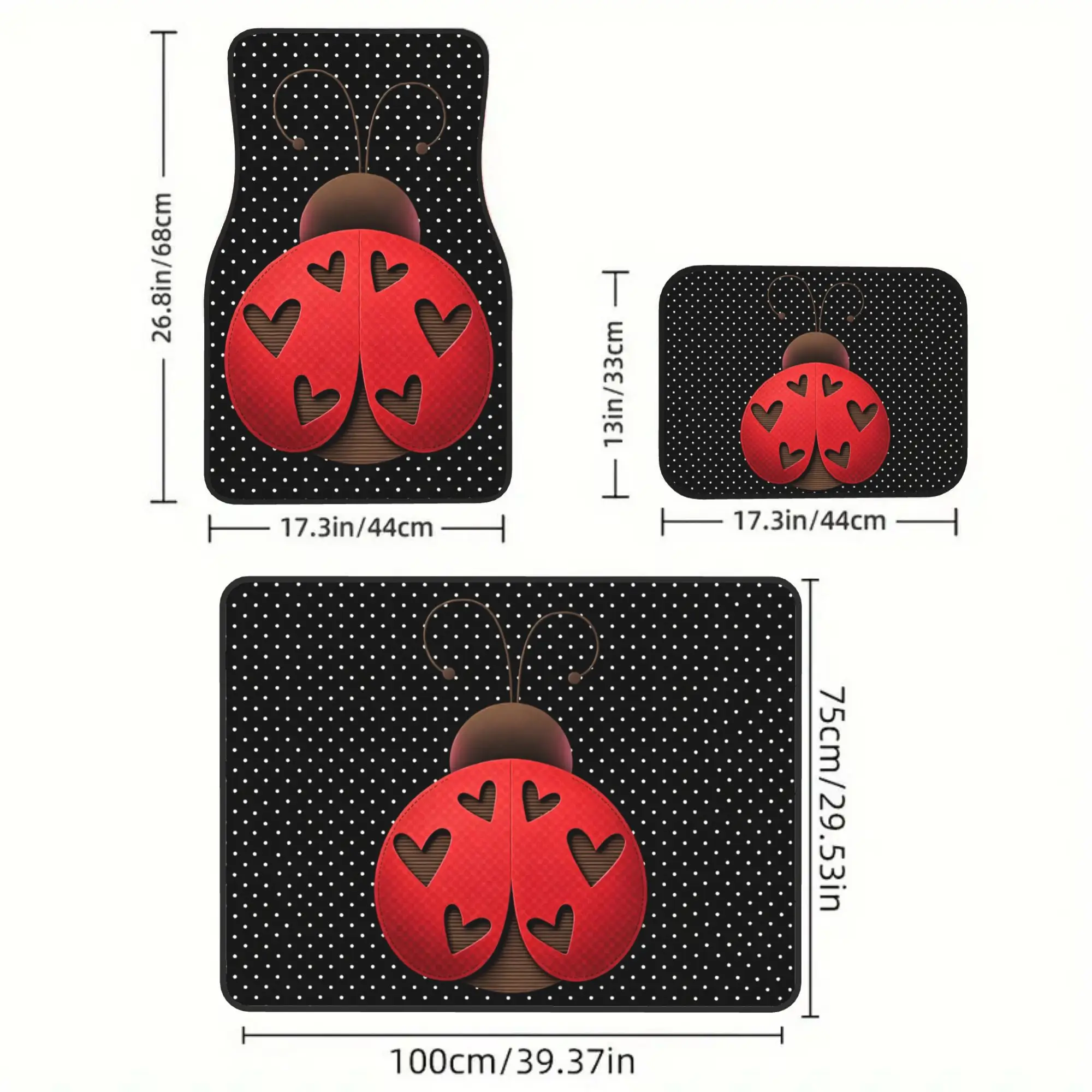 2D Flat 5pcs Heart Ladybug 4 Car Floor Mats And 1 Car Trunk Mat Set, Stylish Vehicle Additions, Perfect Gift For Halloween Thank