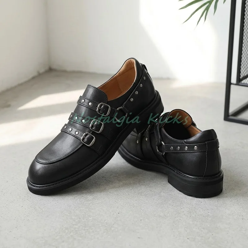 Mens Punk Studded Buckle Strap Shoes Black Gothic Rock Monk Loafers Chunky Low Heel Dress Brogue Derby Casual Clubwear Footwear