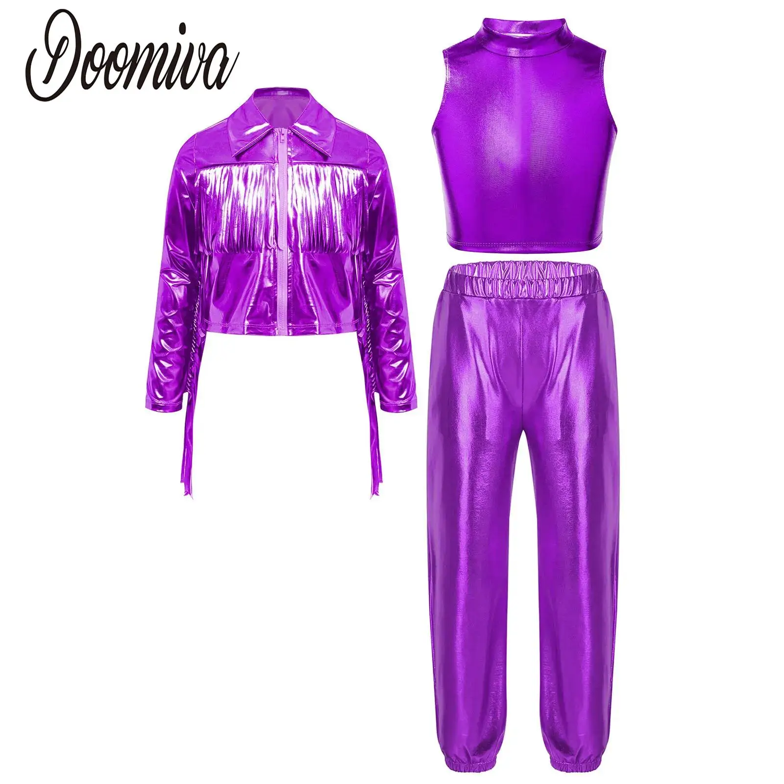 

Kids Girls Metallic Disco Dance Jazz Performance Costume Vest Tassels Long Sleeve Zipper Jacket And Pants Modern Cheerleader Set