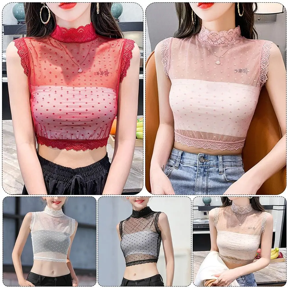 Fashion Mesh Lace Vest Tender Sexy Solid Hotsweet Crop Tops Elastic Casual False Collar Women
