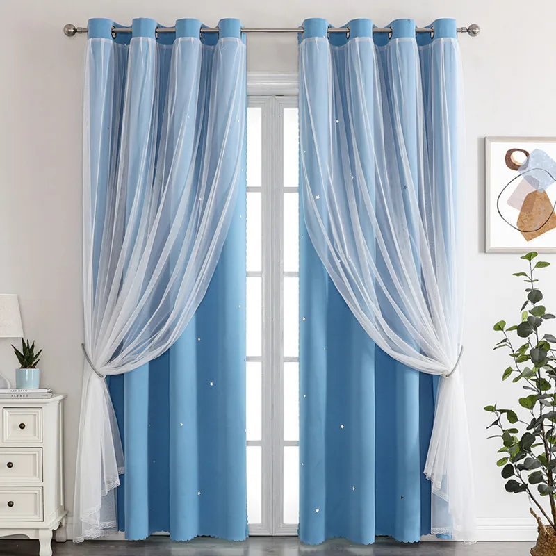 Hollow Star Double Layer Curtains, Light Mesh Window Curtain, Shade Cloth, Home Sitting Room, Bedroom Decoration, 2Pcs