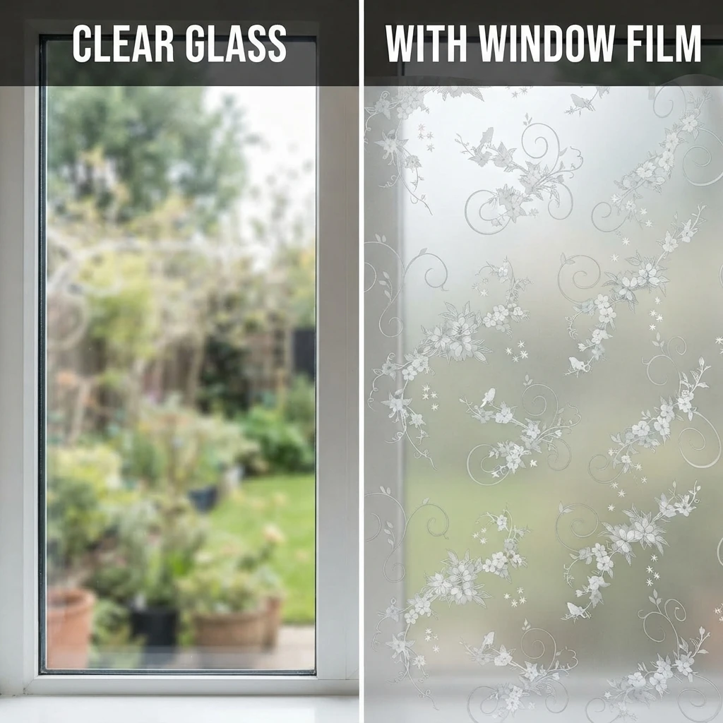 Floral Vine Pattern Privacy Window Film Self-Adhesive Frosted PVC Sticker Anti-UV Anti-Glare Waterproof for Bathroom Decor