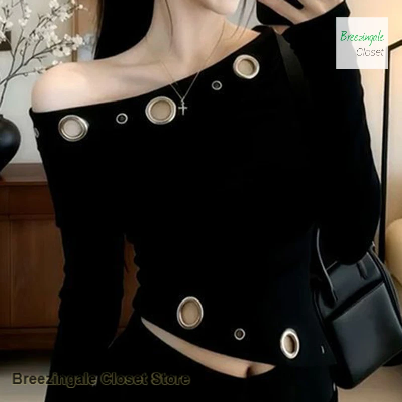 French-style off-the-shoulder hollow long-sleeved bottoming shirt women's spring and summer new solid color slim spice Joker top