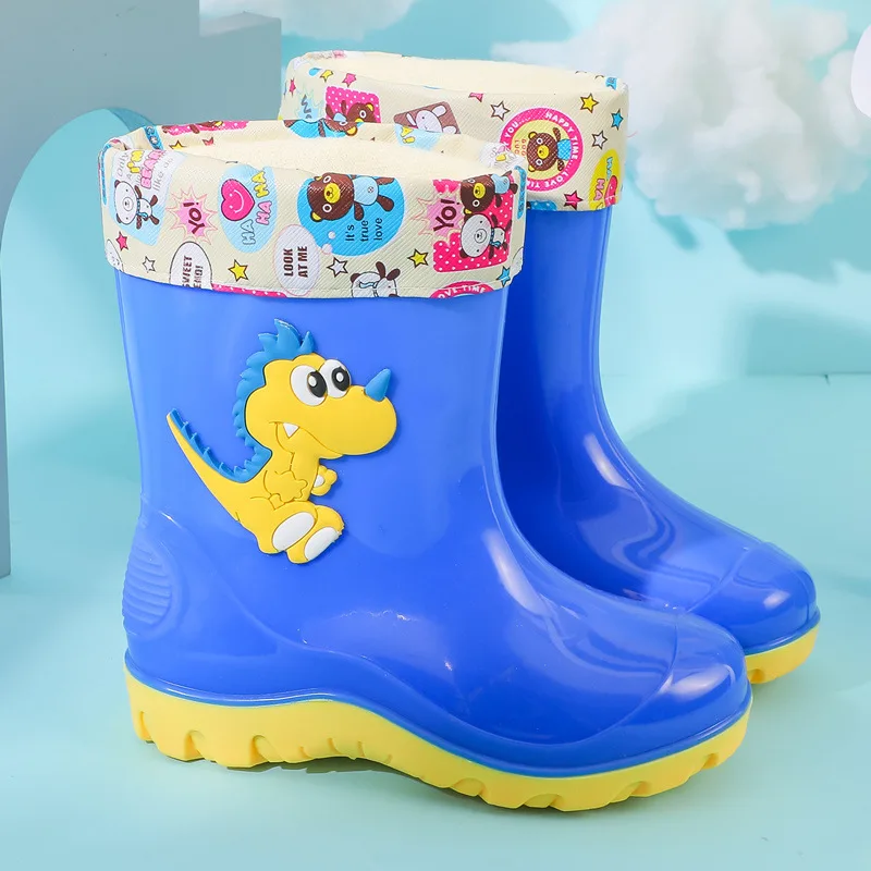 New Children Rain Boots Girls Cute Dinosaur Students Water Shoes Boys Waterproof Anti Slip Rubber Boots Cotton Warm Infant Boots