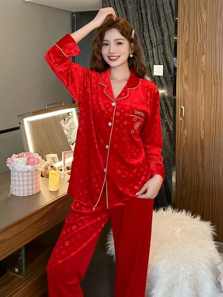 High Quality Gold Velvet Pajamas Women\'s 2024 Spring Autumn New Korean Red Embossed Plus Size Fashion Couple Home Clothes