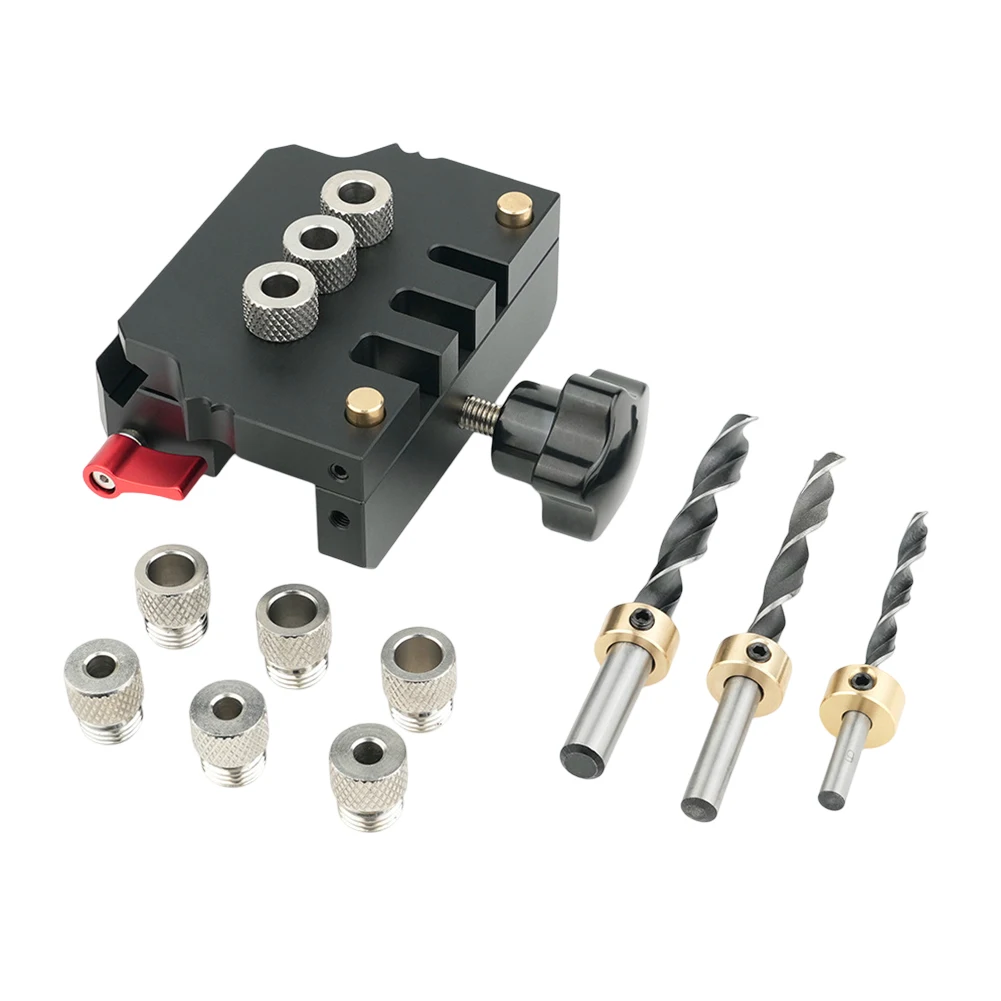 

Compact Storage Portable Drill Puncher 175x162x70mm Doweling Jig Hardened Steel Guidance Multi-Size Drill Bits