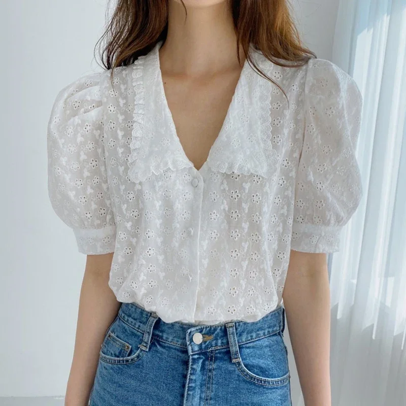 

2024 Summer Women Hollow Flower Lace Blouse Korean Chic Puff Short Sleeve Shirt Peter Pan Collar Solid Loose Tops Clothing