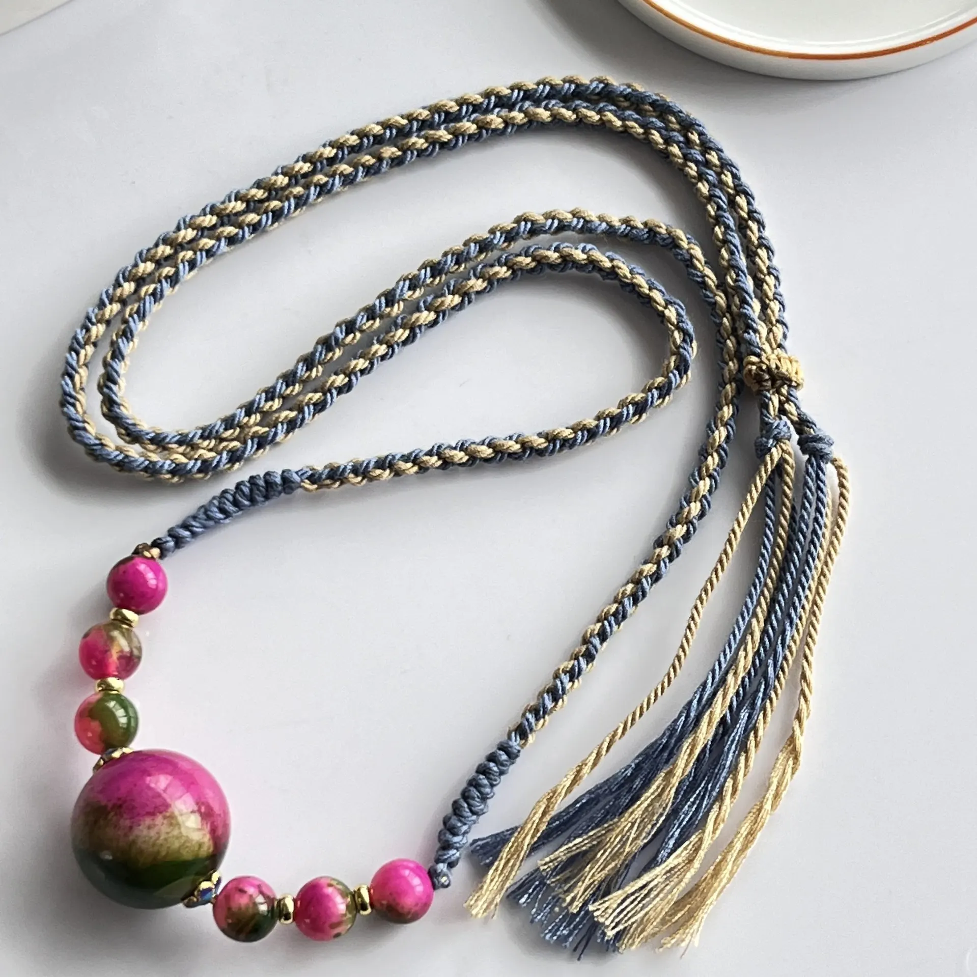 

Ожерелье ручной работы из натурального розового агата 20 мм, круглые бусины, плетеный браслет в этническом стиле с подвеской-кисточкой, для женщин, ювелирный подарок