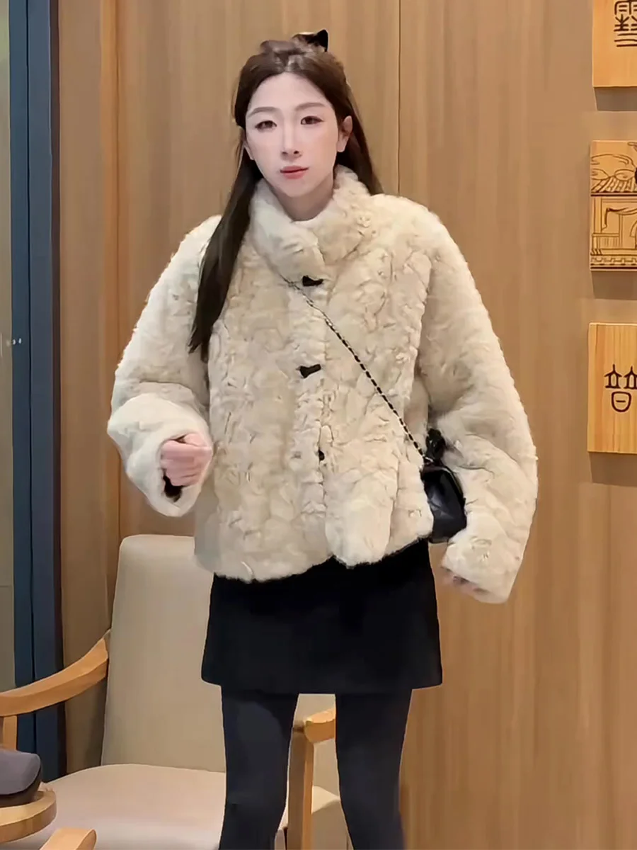 

Korean Sle ort Lamb Fur Jaet Women's Winter Faion Warm Plu Top Stand Collar Thiened Long Sve Ladies Coat