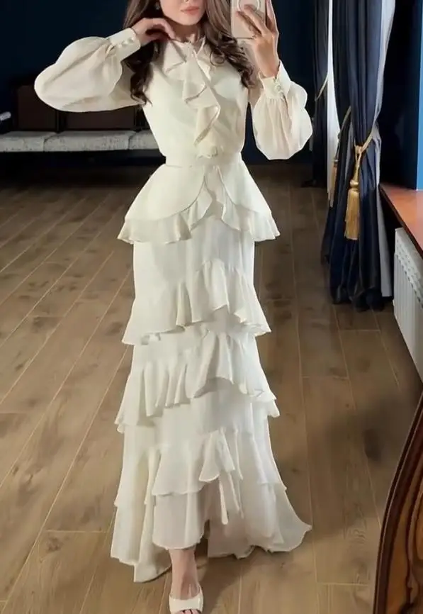 Francês strass botão decoração em torno do pescoço lanterna manga maxi vestido com zíper volta em camadas babados chiffon vestido de noite com cinto