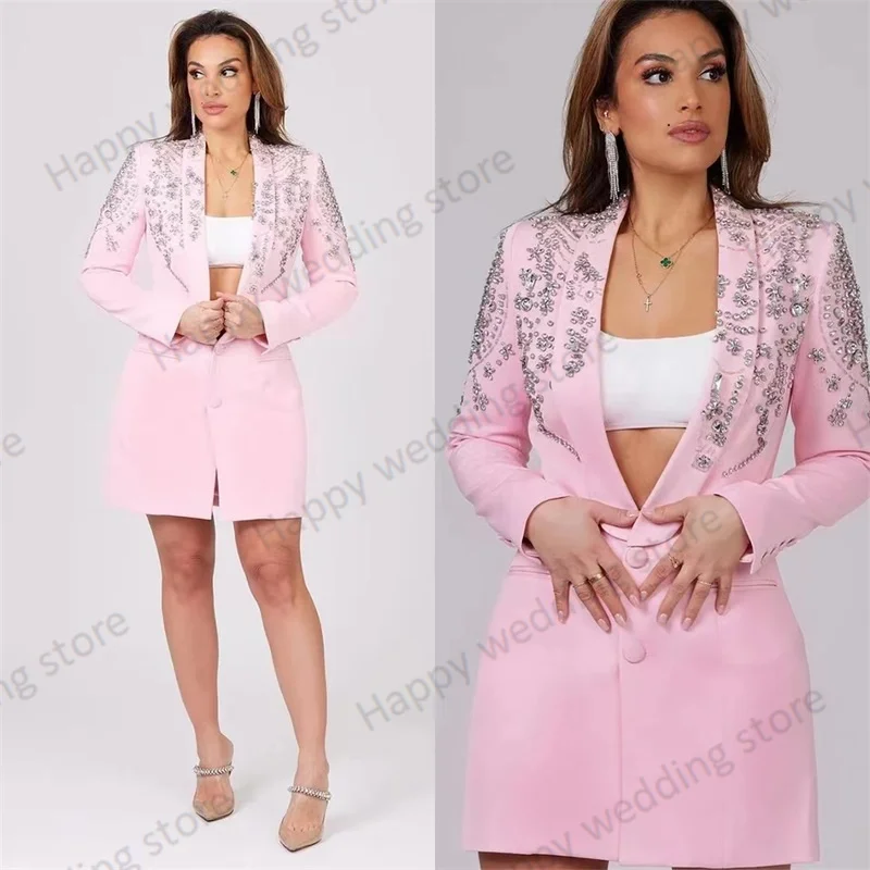 Rosa Kristalle Frauen Anzug 1 Stück Blazer lange formale Festzug Hochzeit Smoking Jacke Mantel Hose maßge schneiderte Ballkleid Outfit