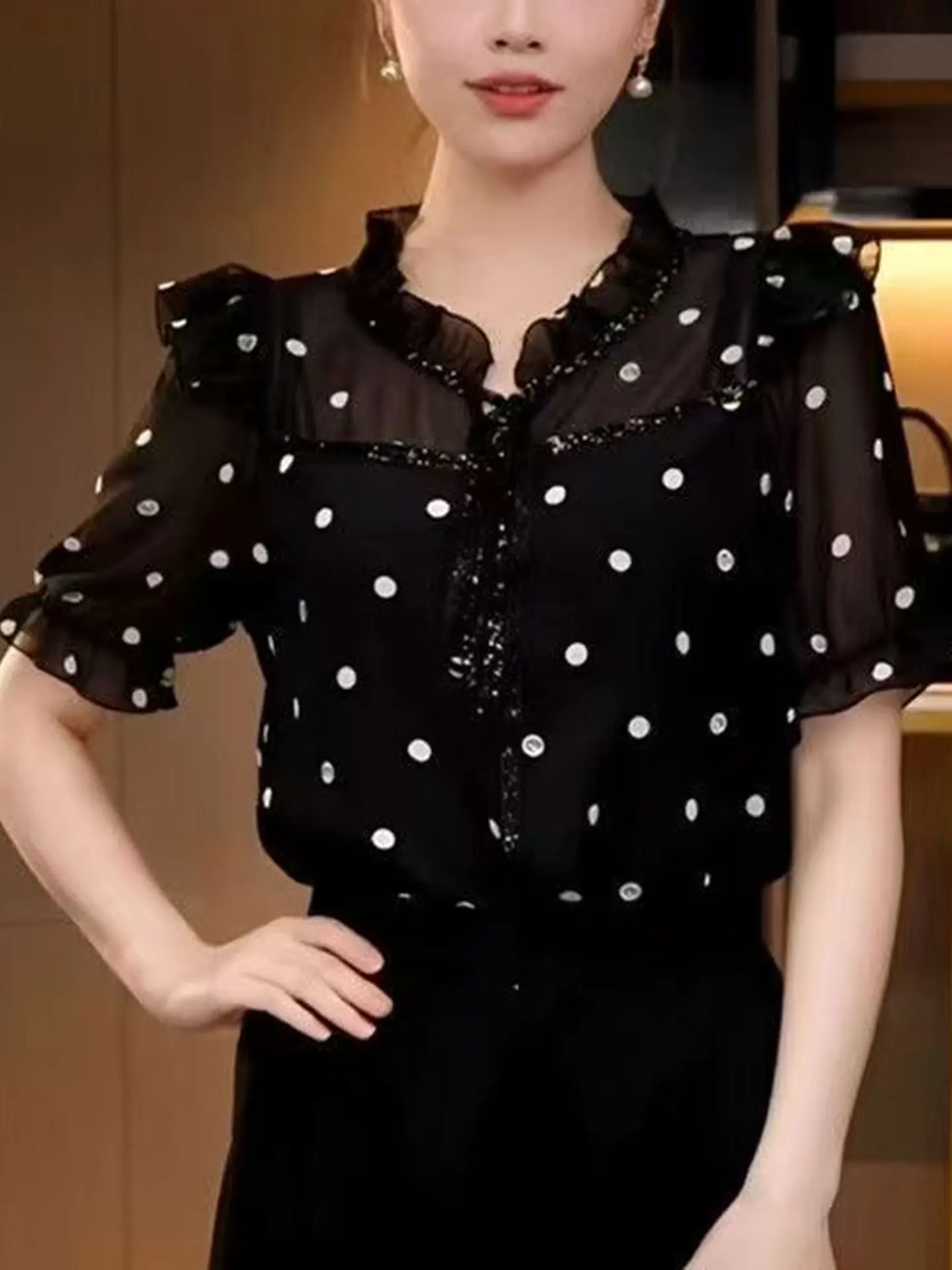Elegant Short Sleeve Chiffon Shirt Women's Summer Fashion Mommy's Clothes Wood Grain  Lightweight Luxury Feel Top