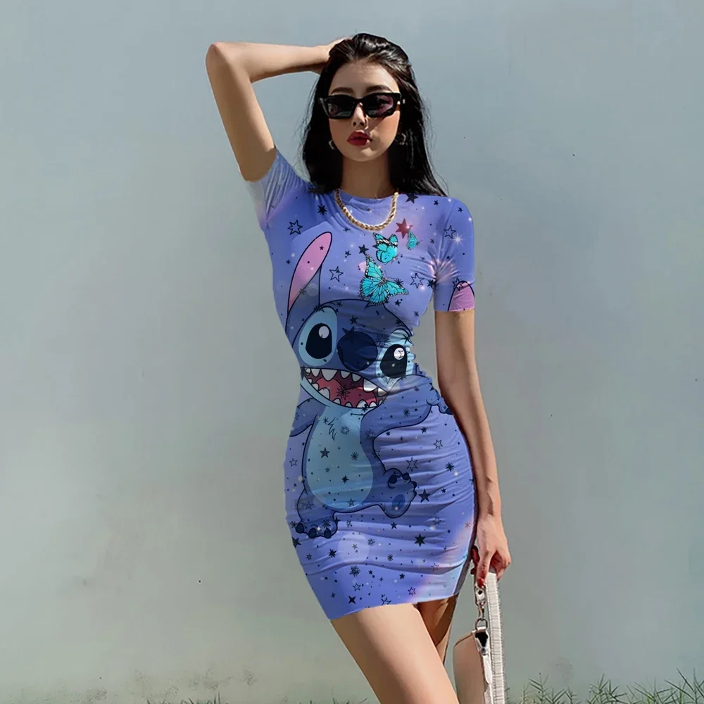 

2022 Disney Stitch cartoon print sexy tight fitting dress summer fashion bag hip beach party High street dresses Everyday dress