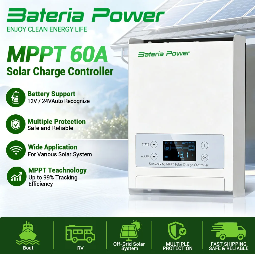 60A 12/24/36/48V MPPT Solar Charge Controller, BateriaPower 99.5% MPPT Efficiency Solar Panel Charge Regulator