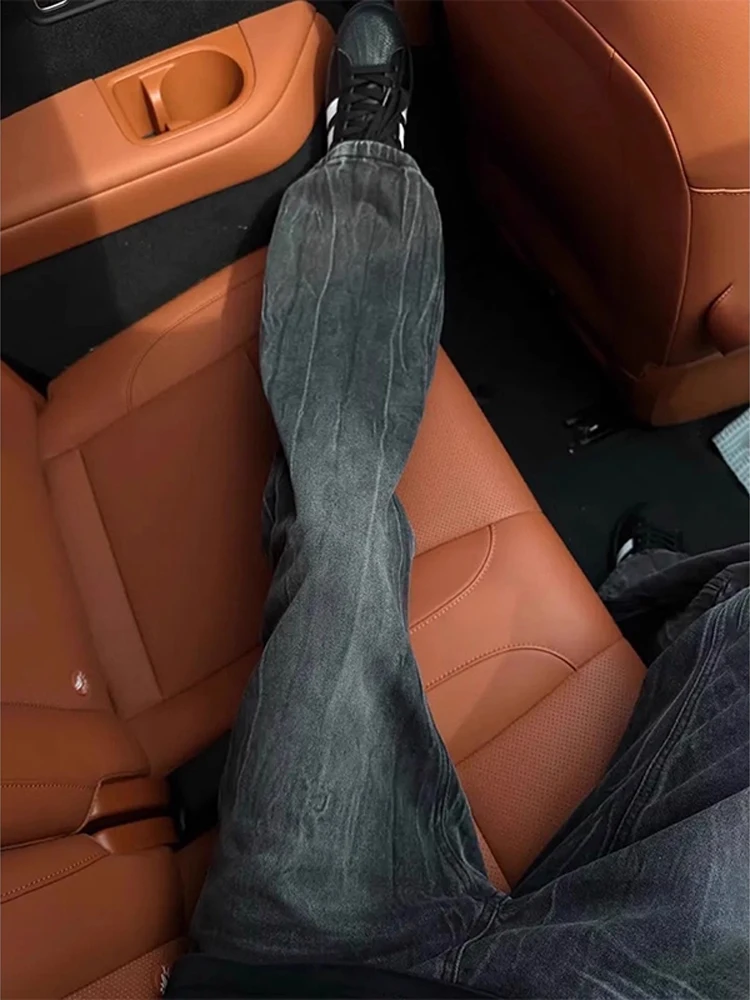 

Washed Lightning Pattern Men's Jeans American Retro Style Vibe Vintage Faded Slim Straight Leg Micro Flared Pants