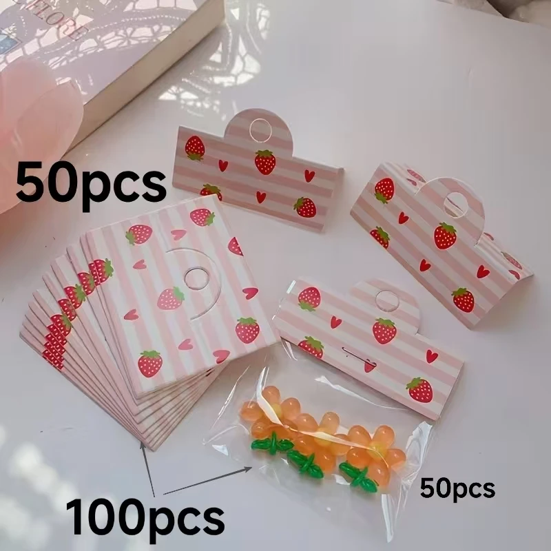 100Pcs Jewelry Packaging Set (50 Strawberry Pattern Foldable Display Cards + 50 Bags), Earring Bracelet Keychain Hair Accessory