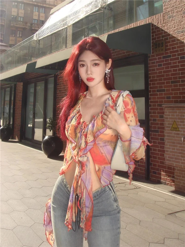 Yedinas Fairycore Style Slim Blouse Women Clothes Long Sleeve Korean Fashion Ruffled Tie Dye Women Shirt Thin 2024 Summer New