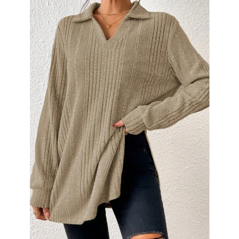 

Плюс размер новая свободная женская футболка с длинным рукавом с отложным воротником однотонный модный удобный женский топ с боковым разрезом ﻿